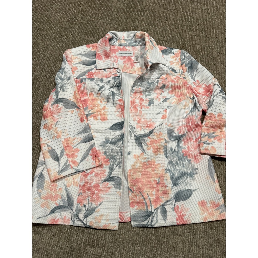Alfred Dunner Floral Open Front Jacket Coral Grey White Waffle Knit Size 16